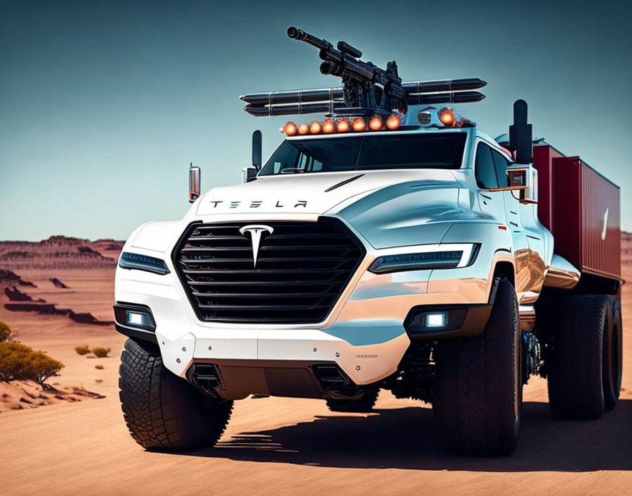 Customized Tesla Truck with Off-Road Upgrades in Desert Setting