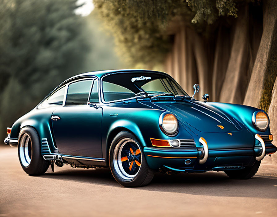 Classic Blue Porsche 911 with Orange Wheels on Tree-Lined Road