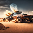 Vintage car with oversized wheels and exhaust pipes races through desert