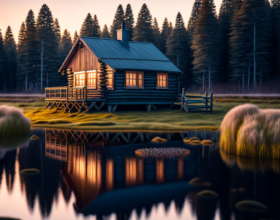 Rustic wooden cabin by serene lake at sunset
