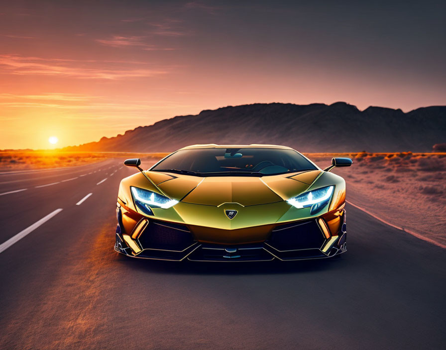 Luxury golden sports car on highway at sunset with mountains.