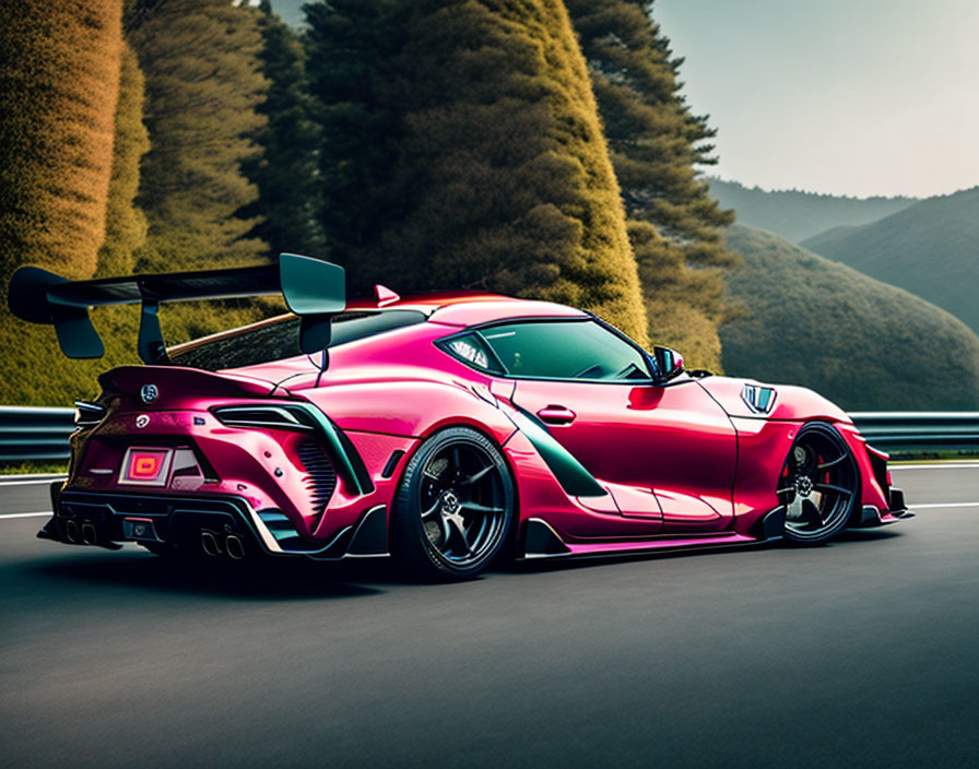 Pink Sports Car with Large Rear Wing and Body Kit on Highway Amid Lush Greenery