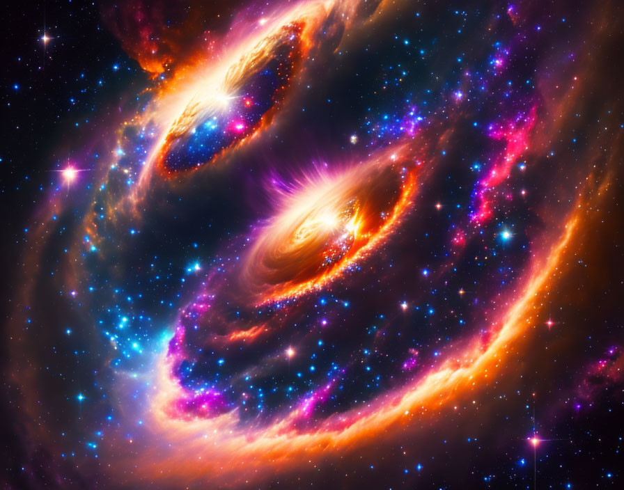 Colorful swirling galaxies with bright cores and spiral arms in a cosmic scene