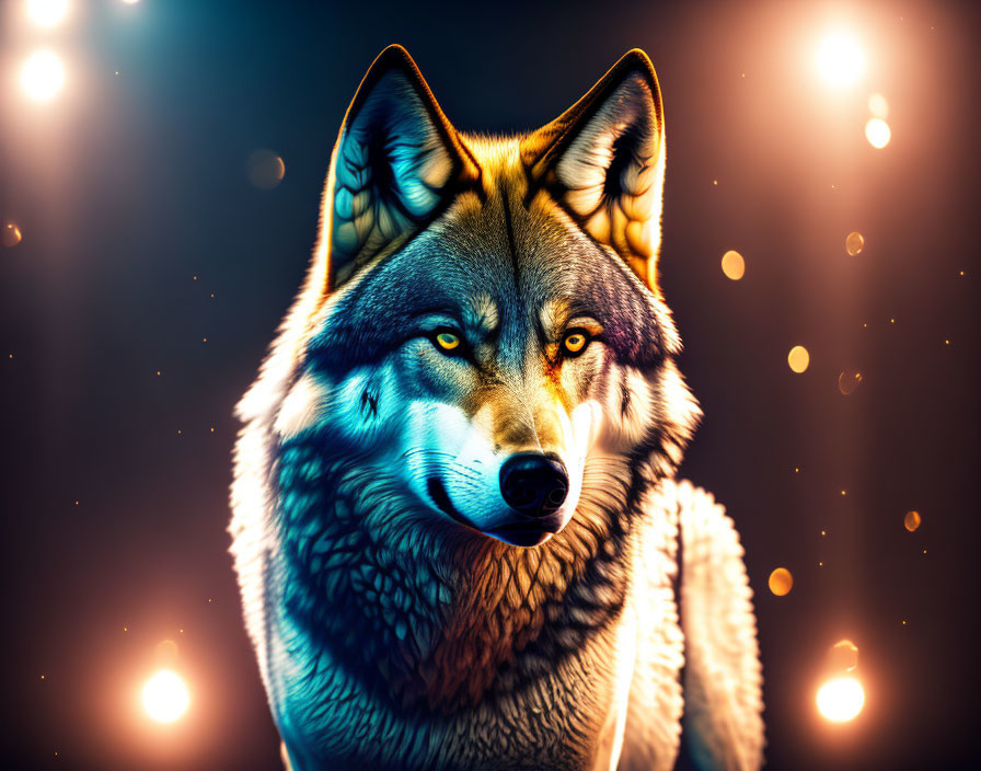 Vividly colored wolf with glowing eyes in digital artwork