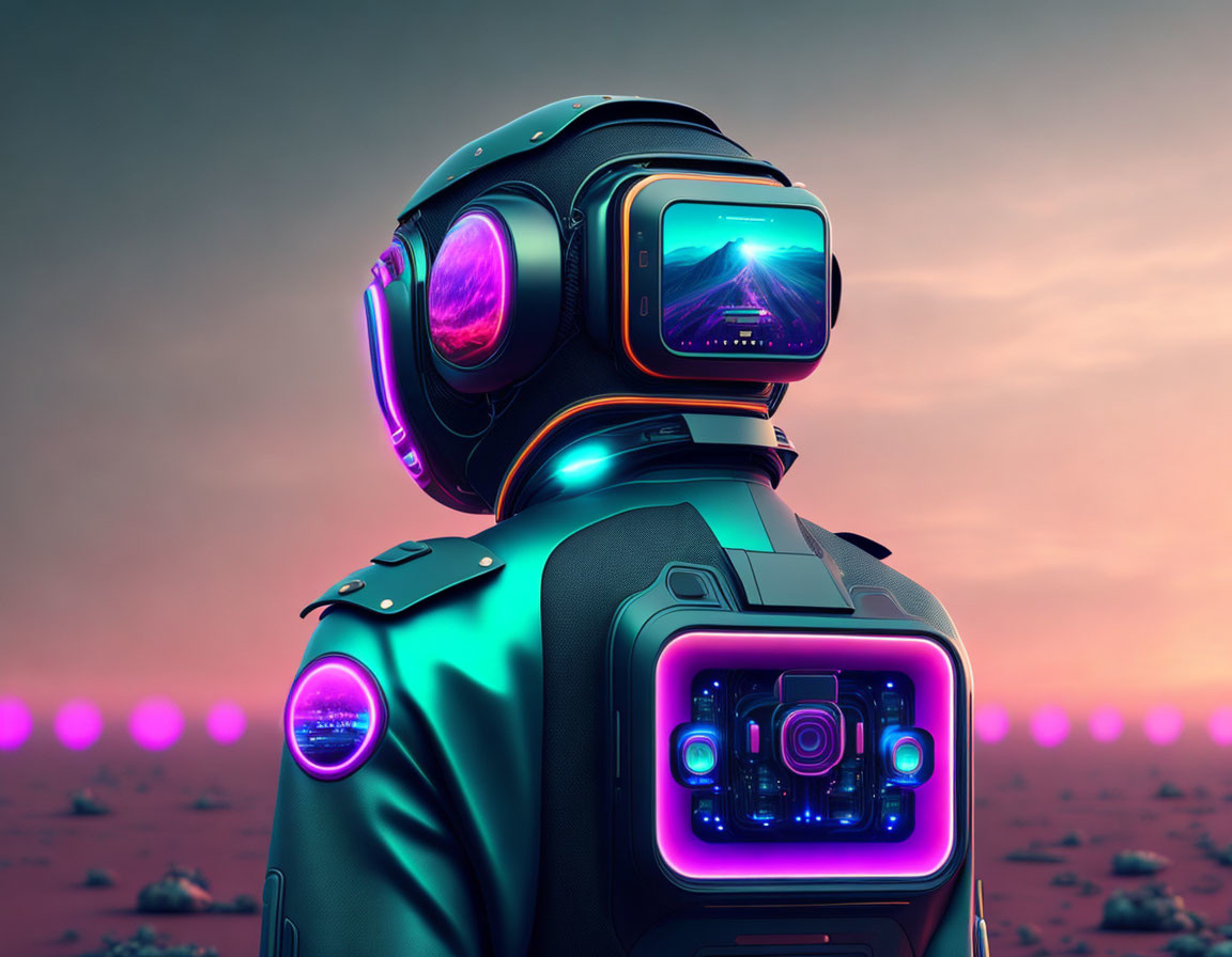 Futuristic robot with screen face and purple elements in dusk sky