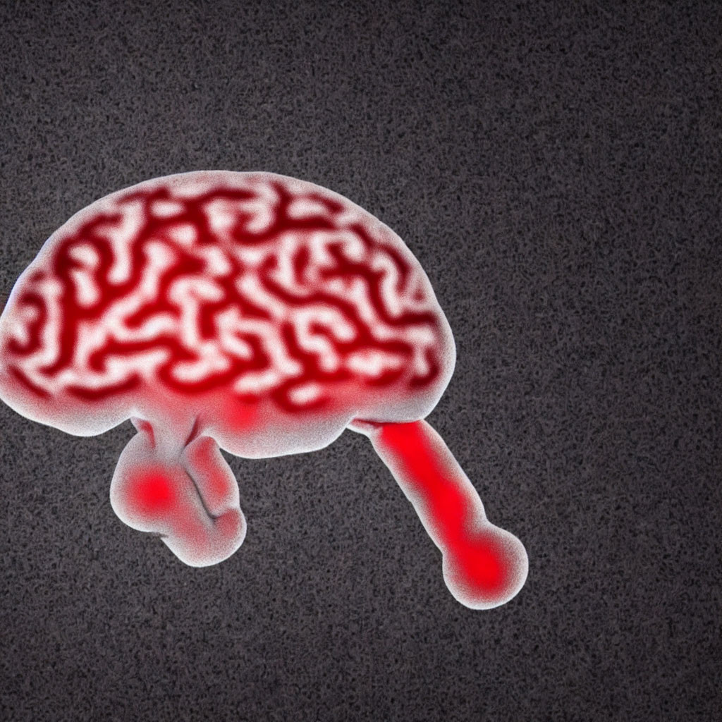 Glowing red human brain in 3D on dark textured background