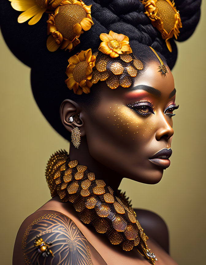 Woman with Golden Floral Makeup and Hair Styling Featuring Bee Accessory
