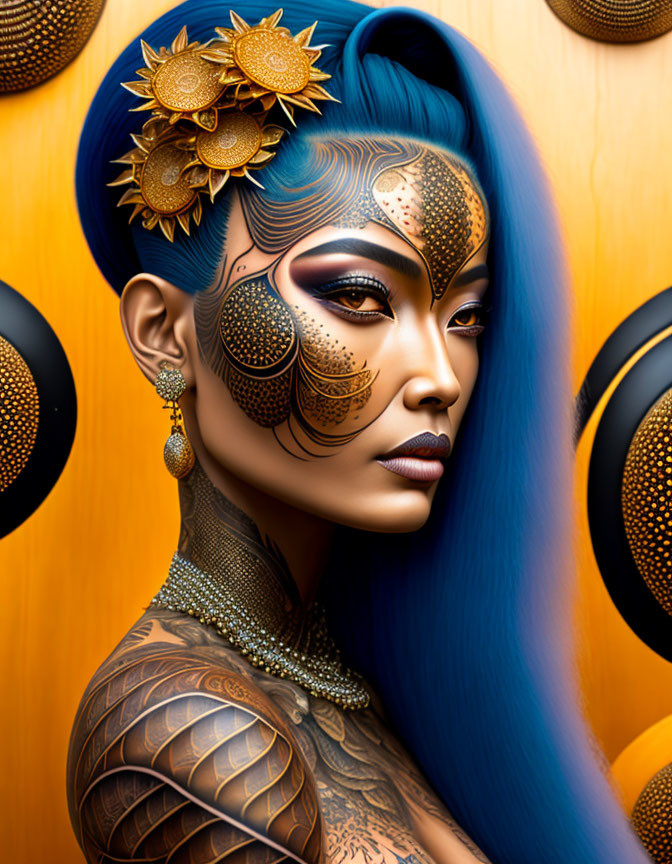 Digital Artwork: Woman with Blue Hair, Gold Facial Jewelry, Tattoos on Orange Background