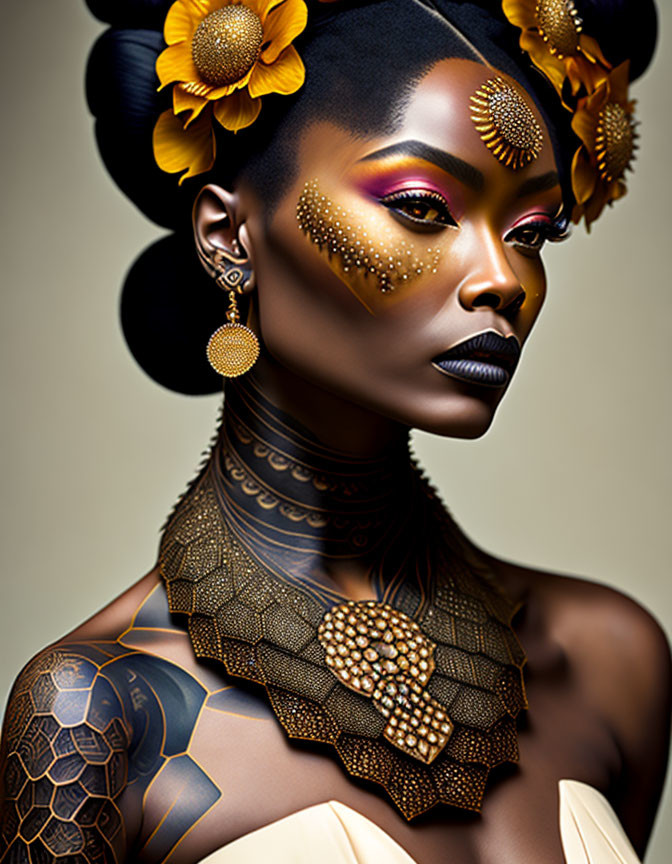 Woman with artistic makeup, gold accents, sunflowers, and ornate necklace posing gracefully