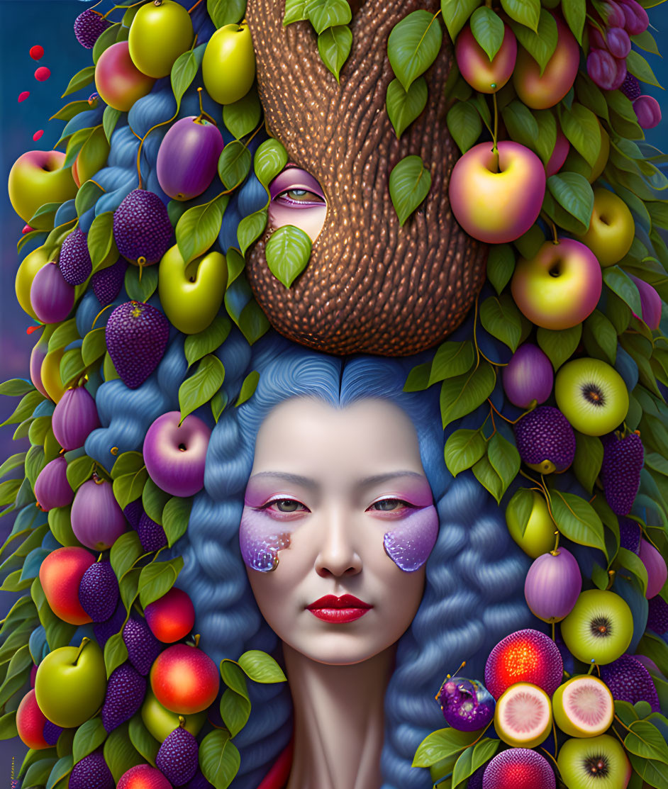 Colorful surreal portrait of woman with blue hair and fruit headdress