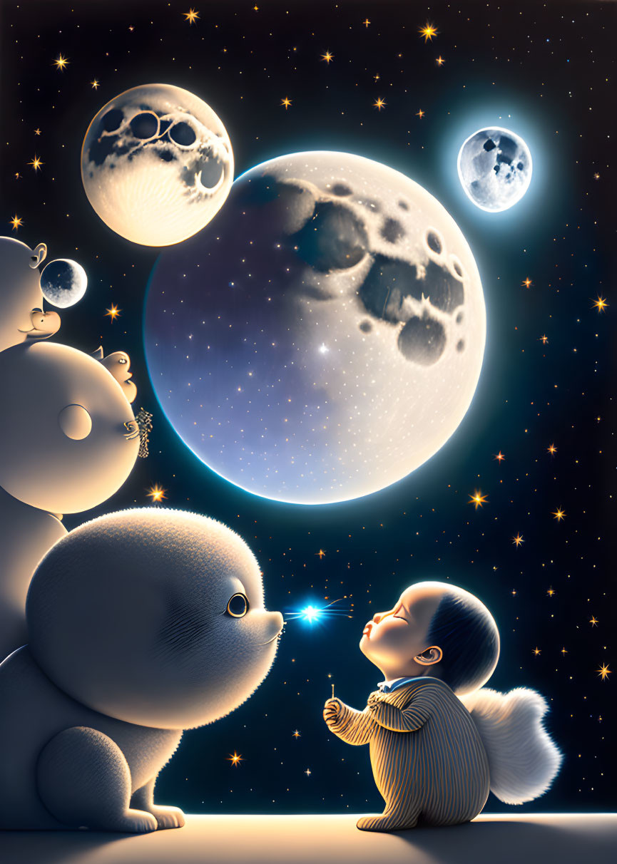 Child and creatures under moon and stars with glowing wand in whimsical illustration