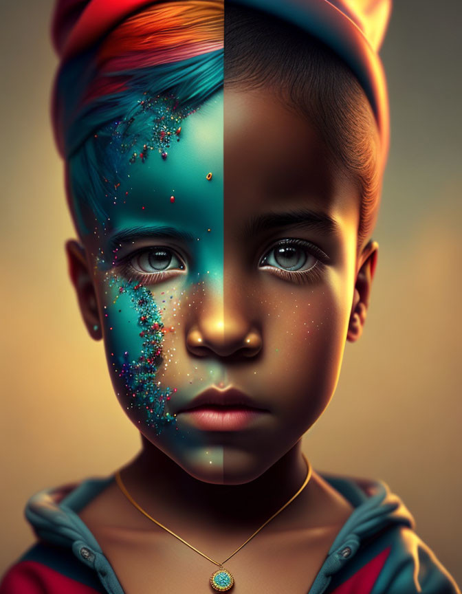 Split digital artwork: child portrait vs. cosmic space theme