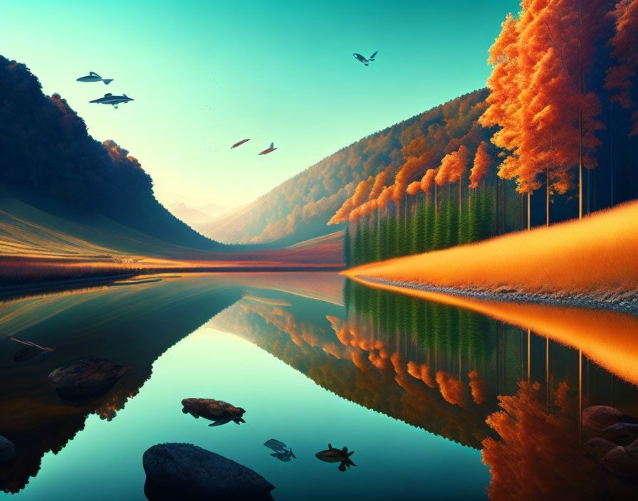Tranquil autumnal landscape: golden trees, reflective lake, turtles, and birds at sunset
