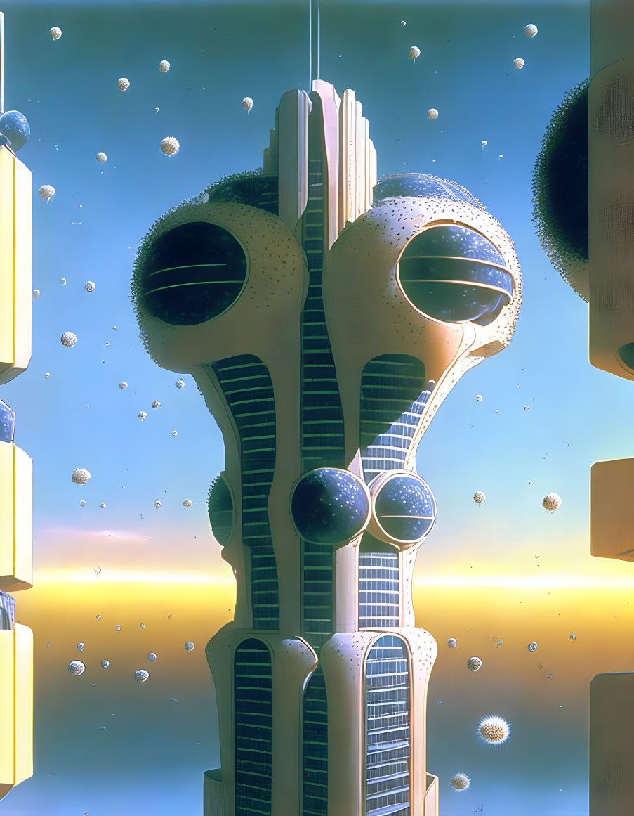 Futuristic cityscape with towering spherical and cylindrical structures.