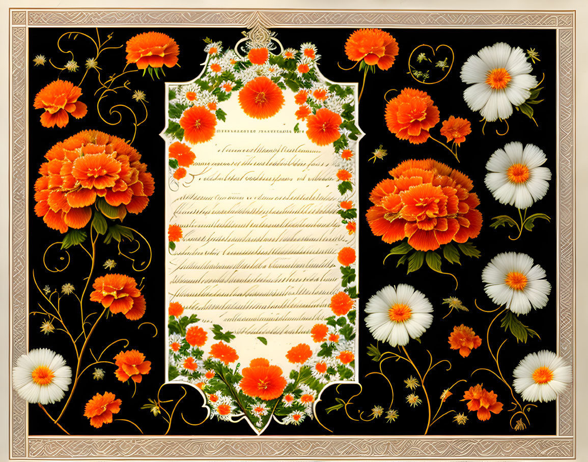 Vintage Floral Frame with Cursive Handwriting and Orange & White Flowers on Dark Background