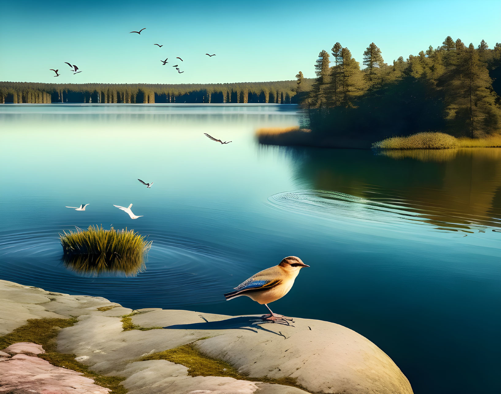 A little bird soars freely across the lake, leavin