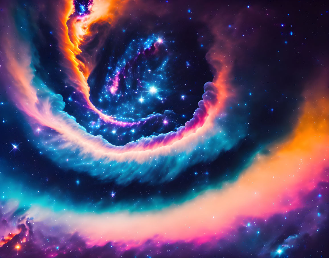 Swirling galaxy with stars and interstellar gas in vibrant blues, pinks, and purples