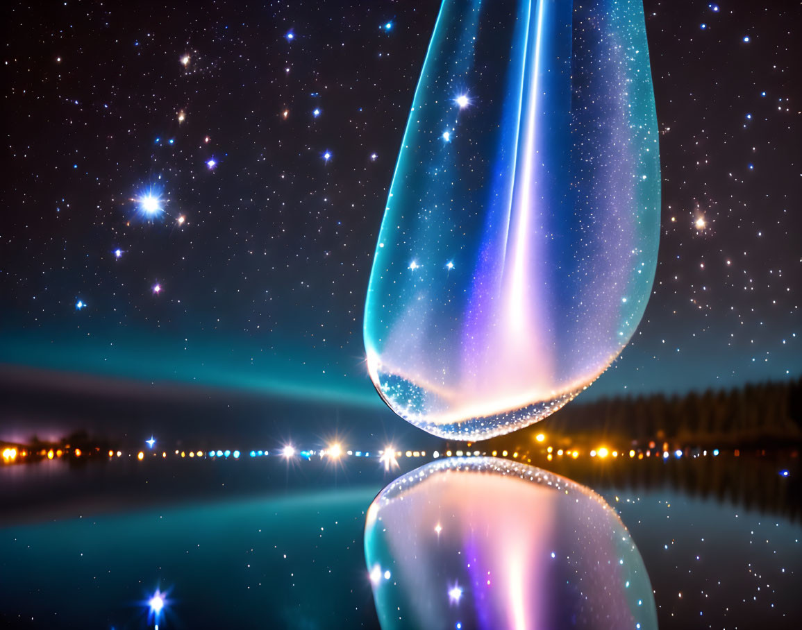 Hourglass in Cosmic Sky with Stars, Nebulae, and Tranquil Lake