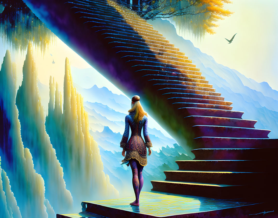 Person at base of mystical staircase with glowing tree-lined precipice and bird in flight above surreal peaks.