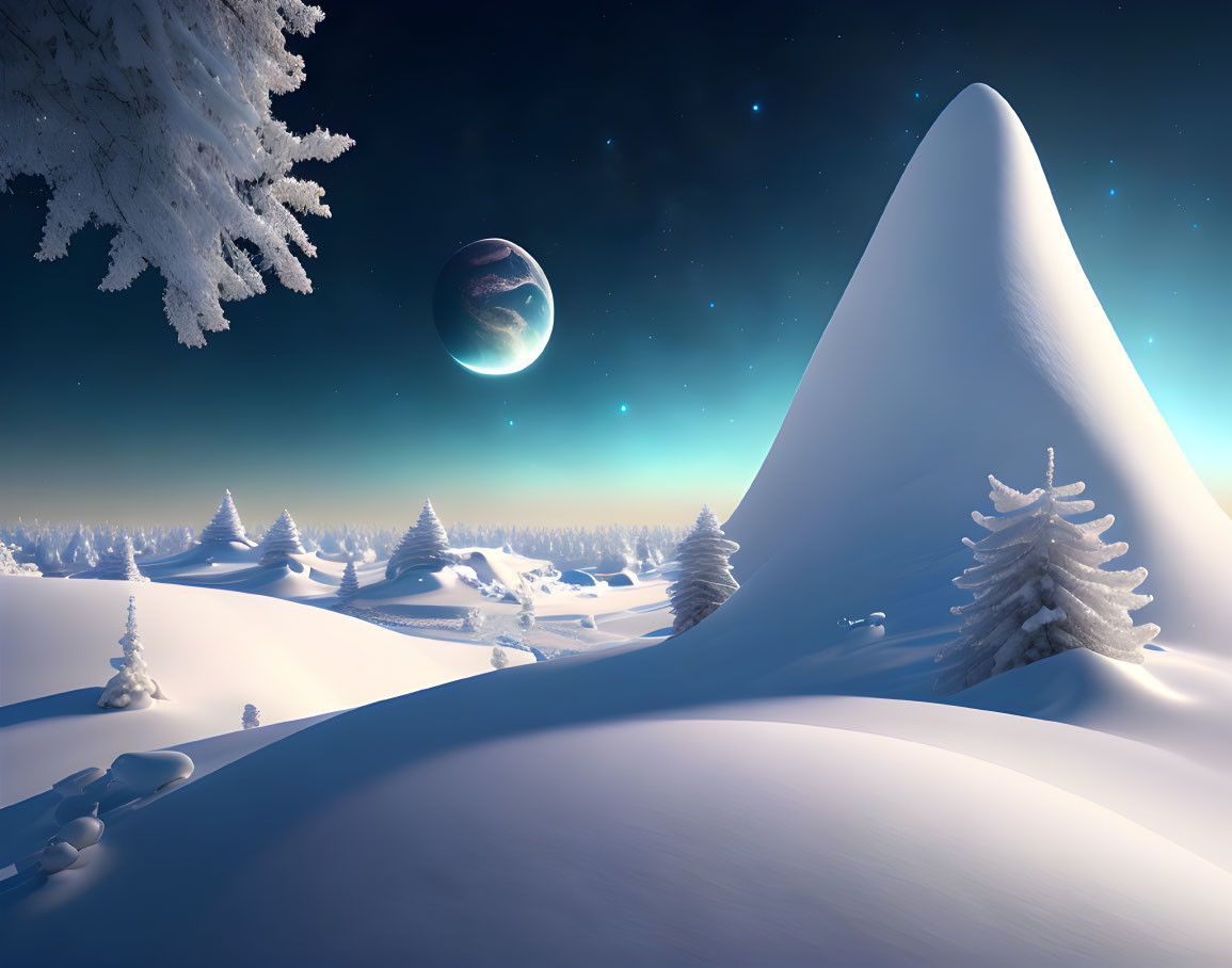 Twilight snow-covered landscape with trees, peak, and large planet