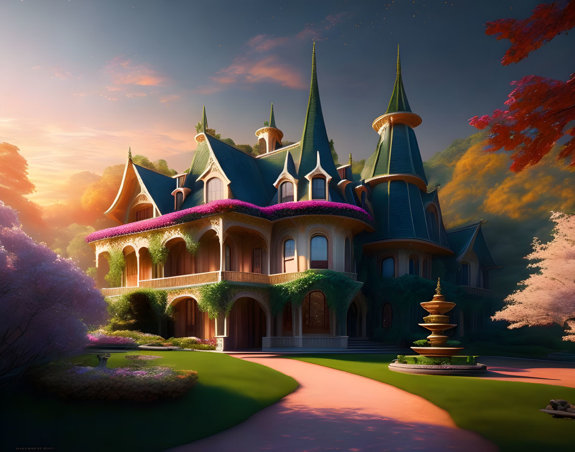 Fairytale castle in lush gardens at sunset
