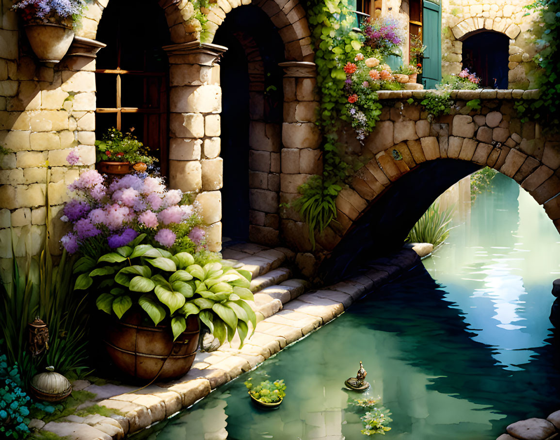 Serene stone bridge over lush canal with blooming flowers