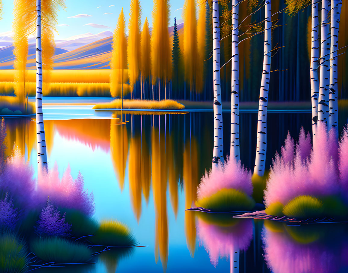 Colorful Autumn Lake Landscape with Reflections and Purple Flora