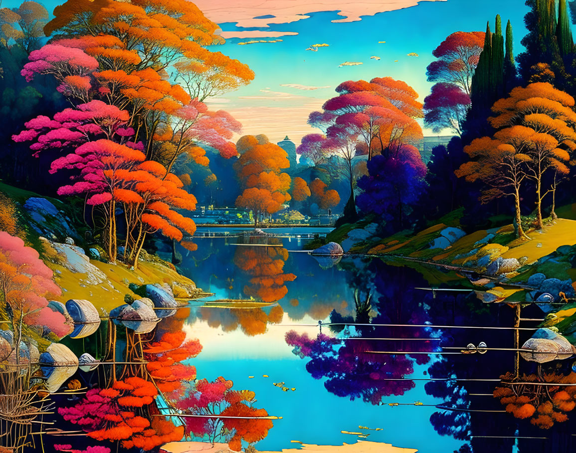Colorful autumn landscape with mirror-like lake and sunset sky