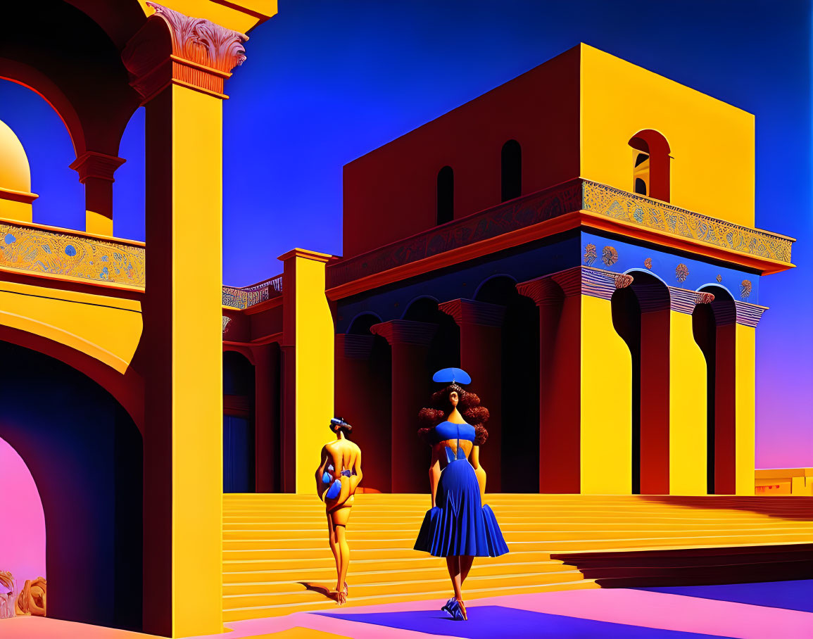 Colorful digital artwork: Two stylized women by vibrant architectural structure