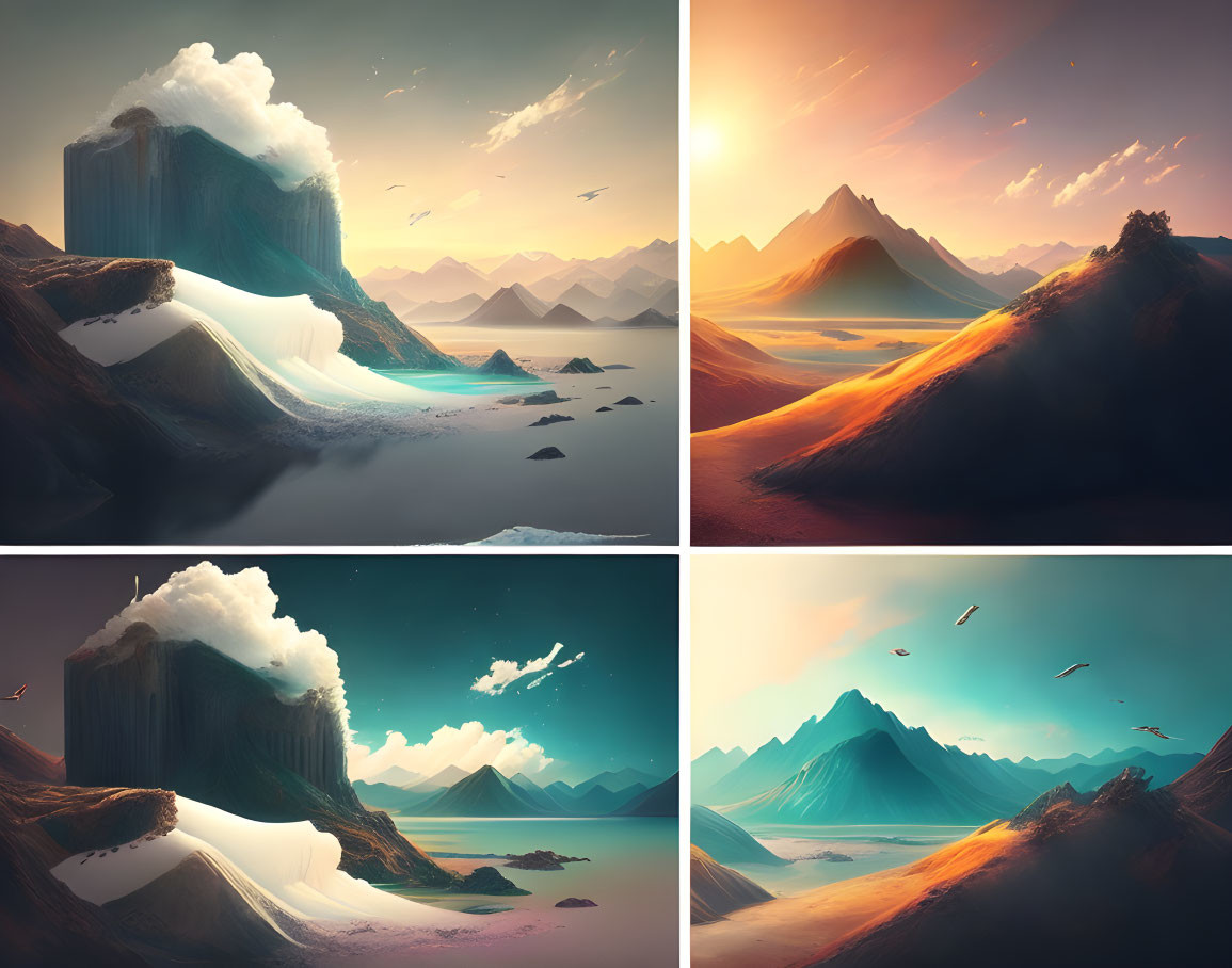 Landscapes blending day and night with floating mountains, waterfalls, snowy peaks, and surreal environments
