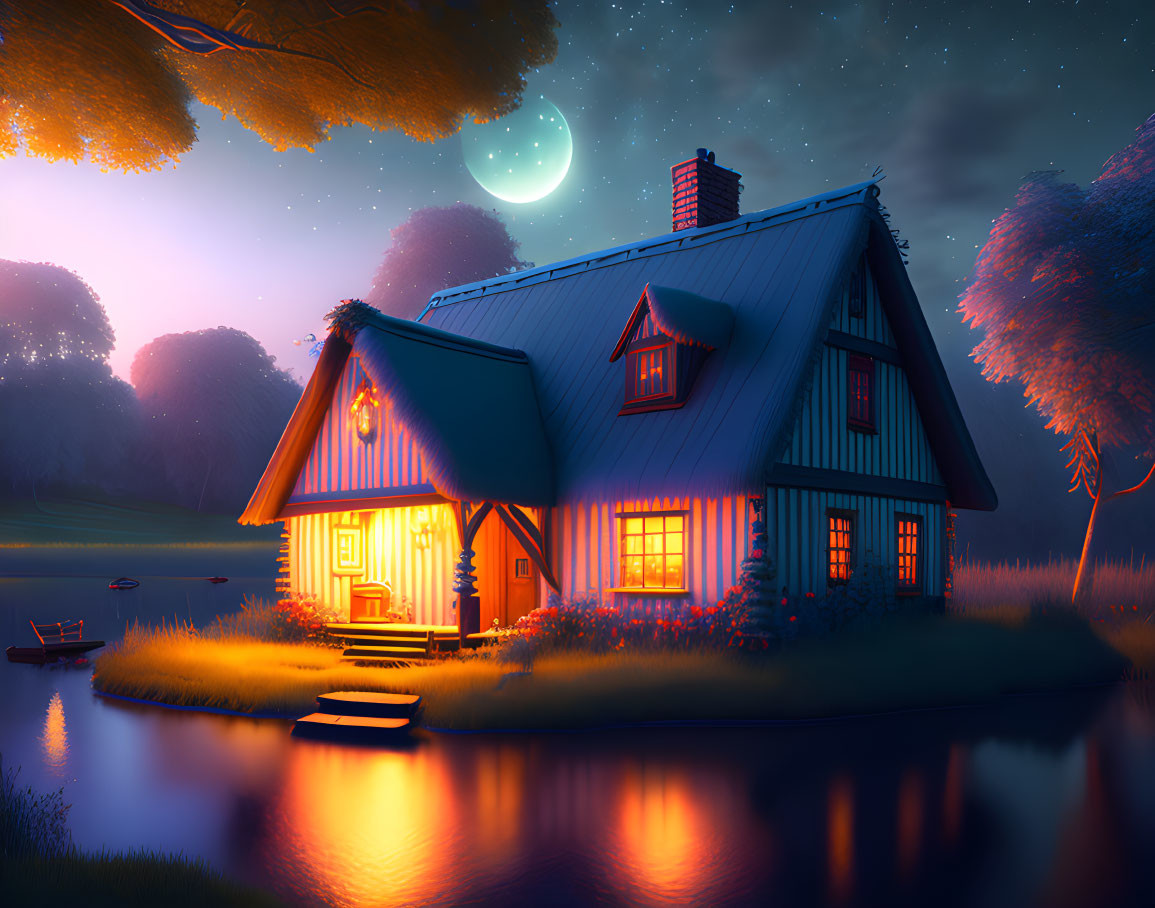 Nighttime Cottage by Lake with Crescent Moon and Boat