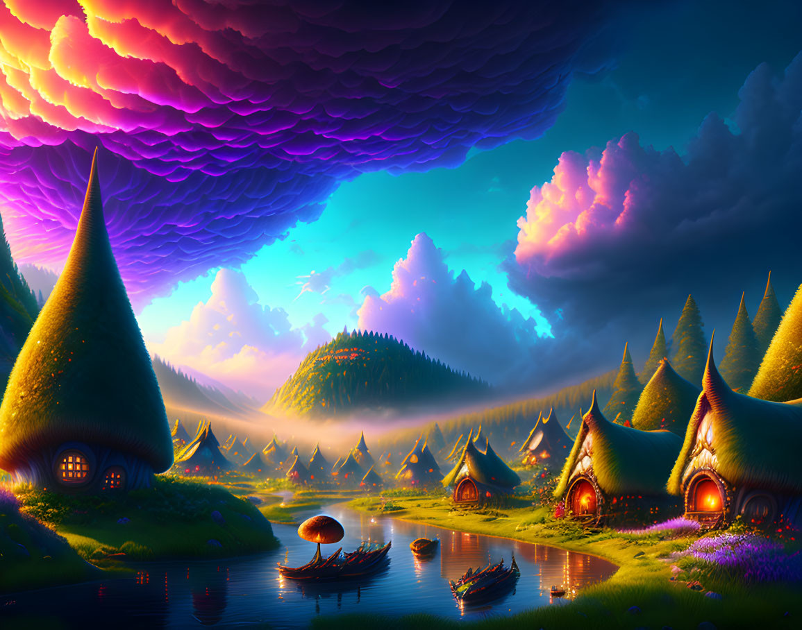 Fantasy landscape with conical-roofed houses and purple sky