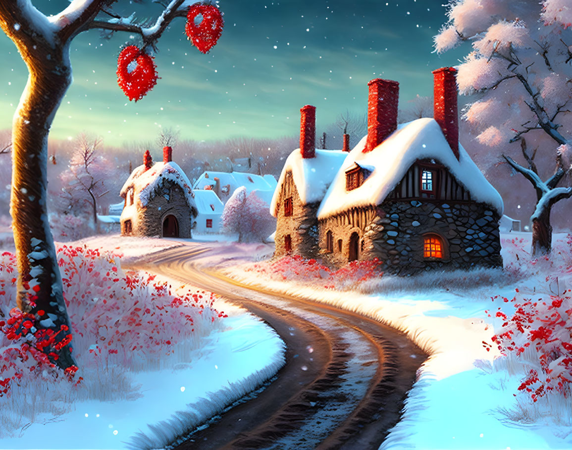 Snowy Winter Village Landscape with Cottages, Red Berry Trees, and Winding Path