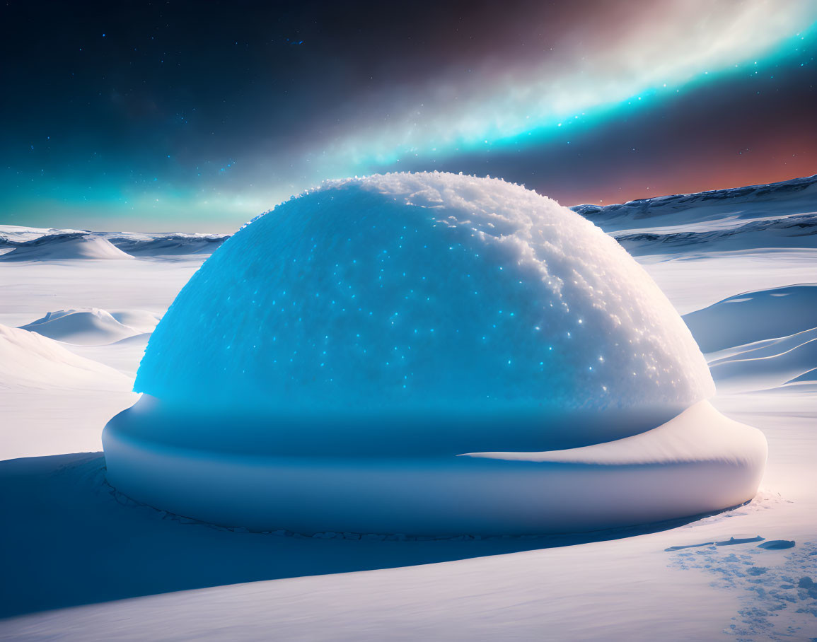 Surreal image: Giant snow dome under aurora borealis