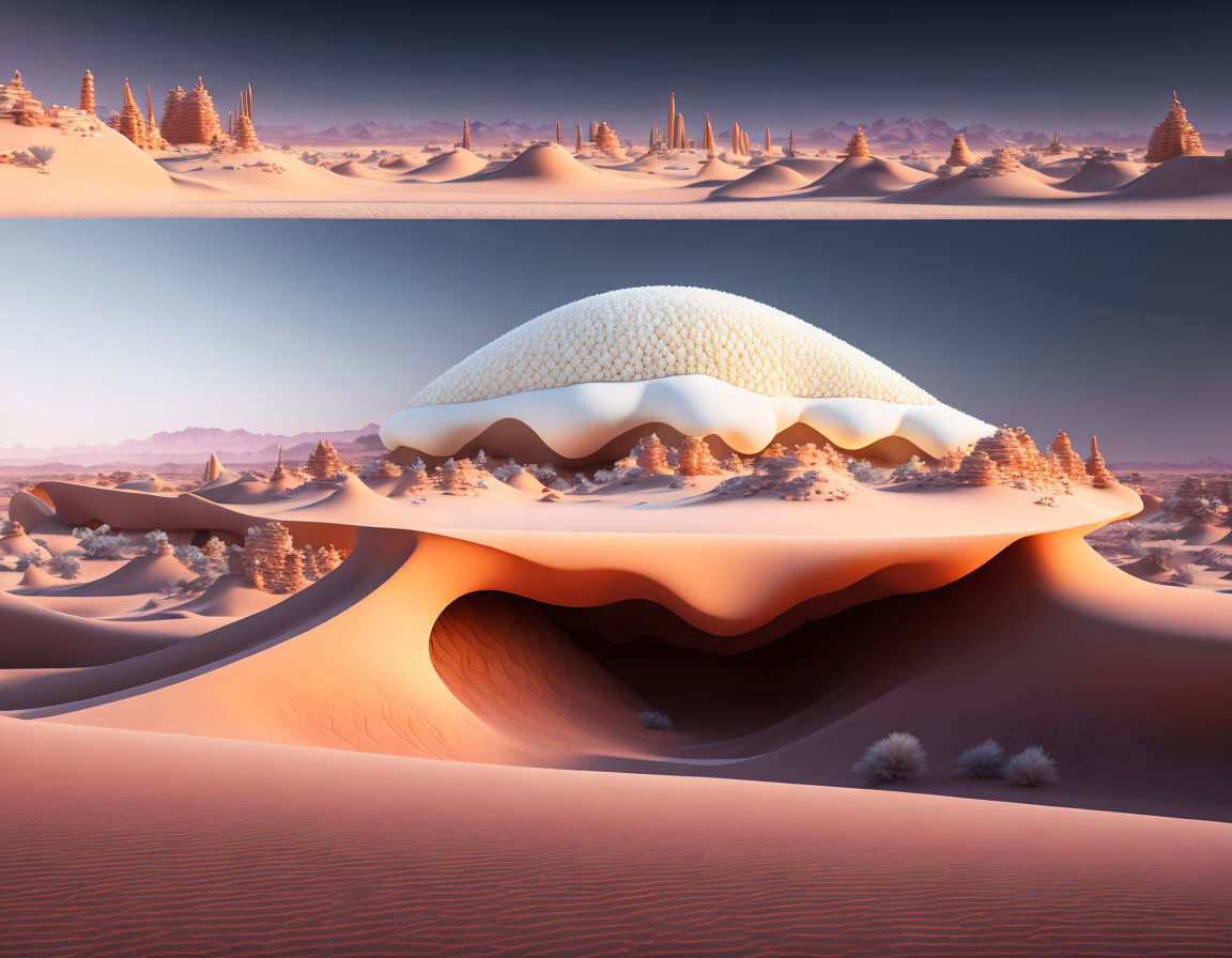 Surreal desert landscape with dune and melting ice cream dome.