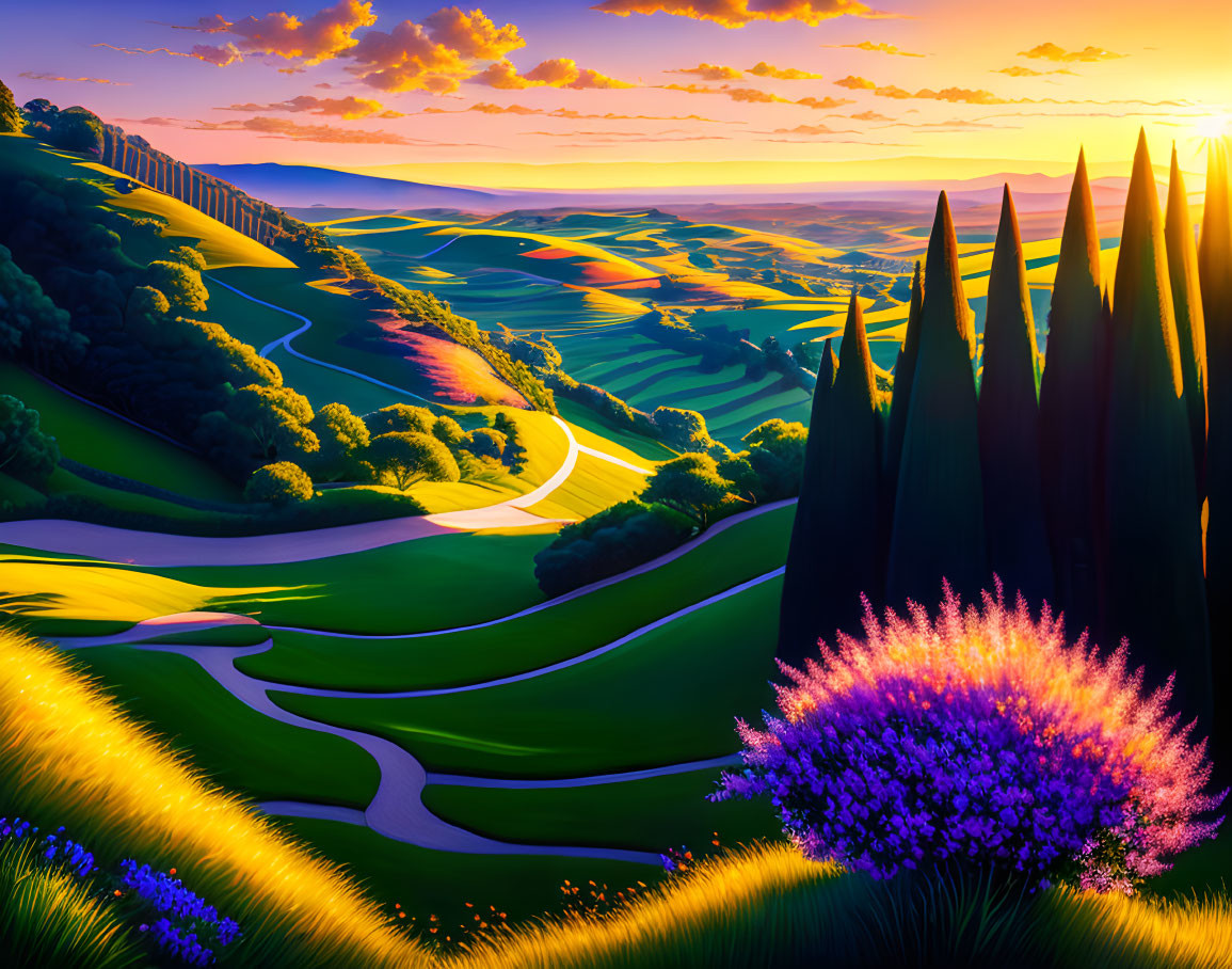 Scenic landscape with rolling hills, cypress trees, and purple flowers
