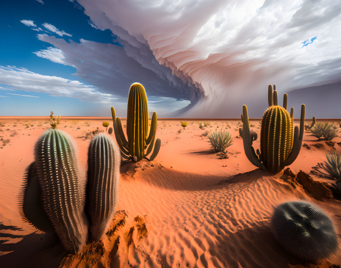 Barren desert landscape with cacti under dramatic sky