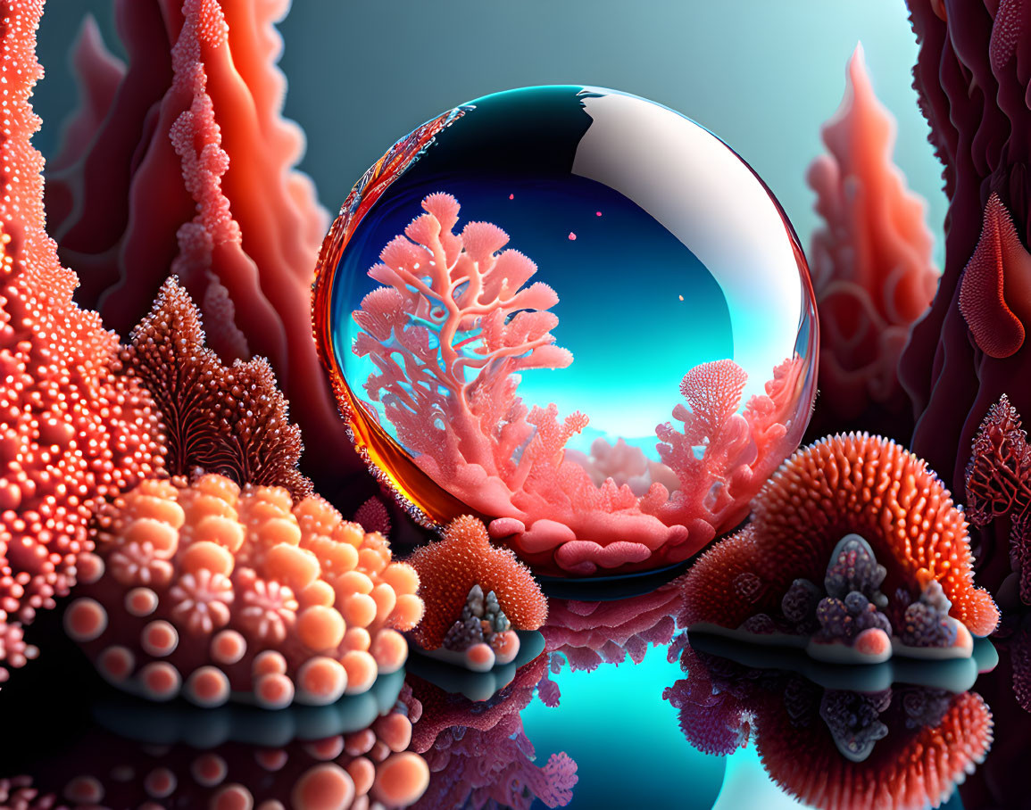 Colorful Digital Artwork: Reflective Sphere with Coral Reef on Glossy Surface