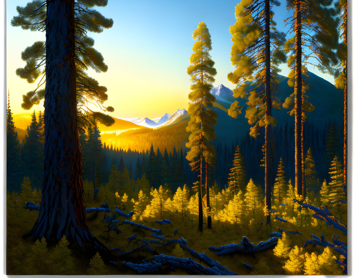 Golden sunset over dense pine forest with snow-capped mountains