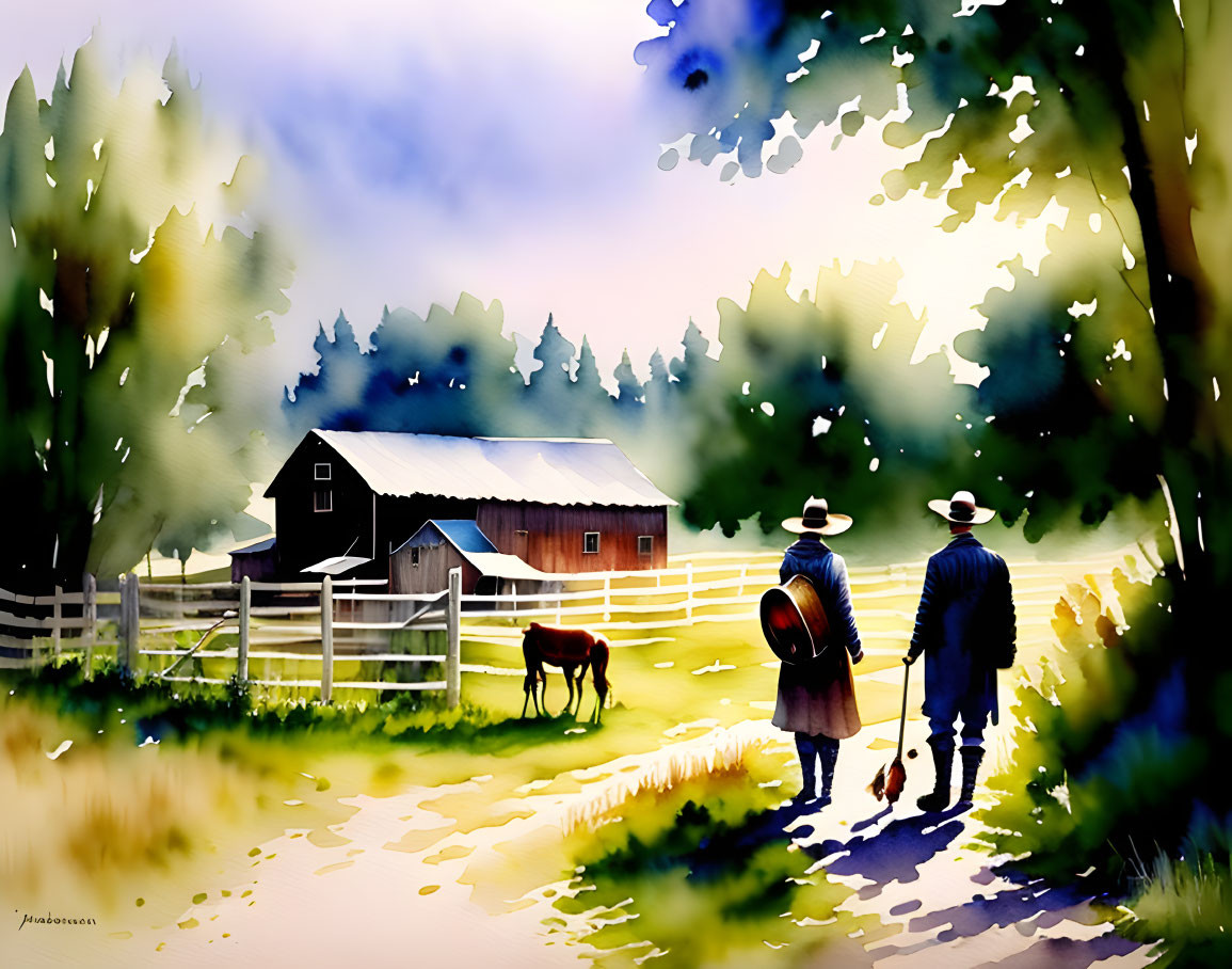 Two people with hats and a guitar in rural setting with a horse grazing by a wooden barn.