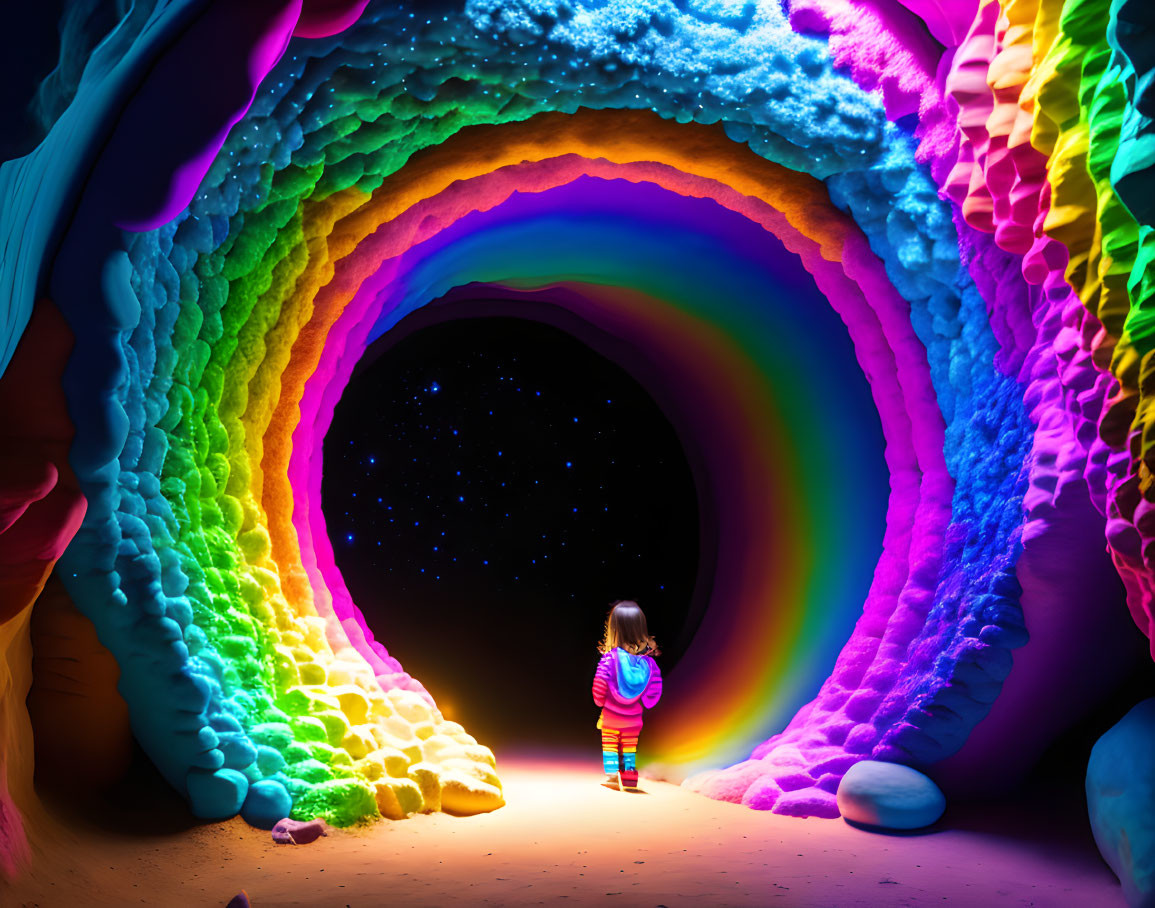 Child at entrance of vibrant, multicolored cave with starry night sky