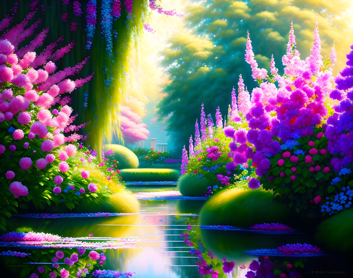 Colorful garden with pink and purple flowers by reflective water path