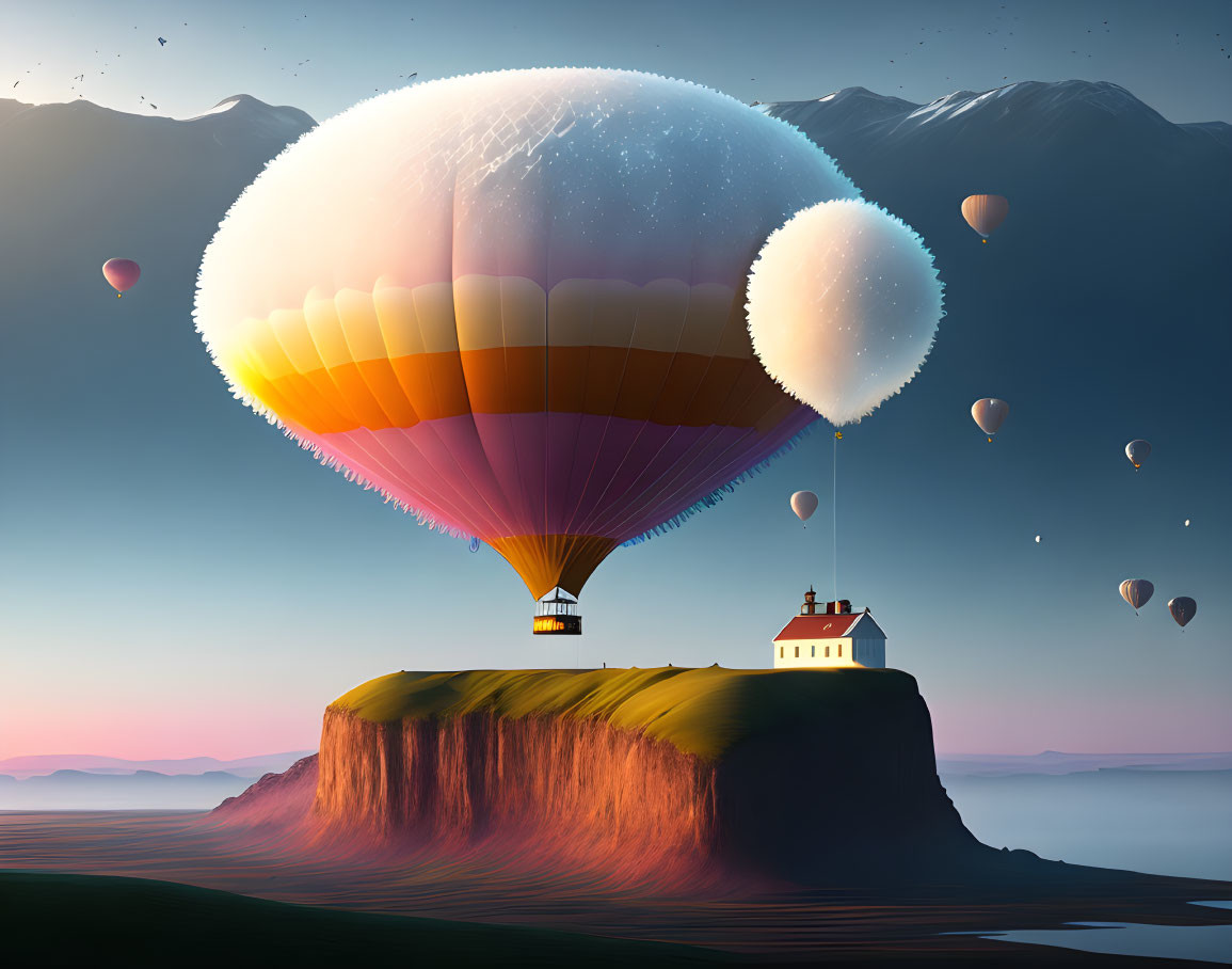 Colorful hot air balloon with bubble, cliff house, and dusk landscape
