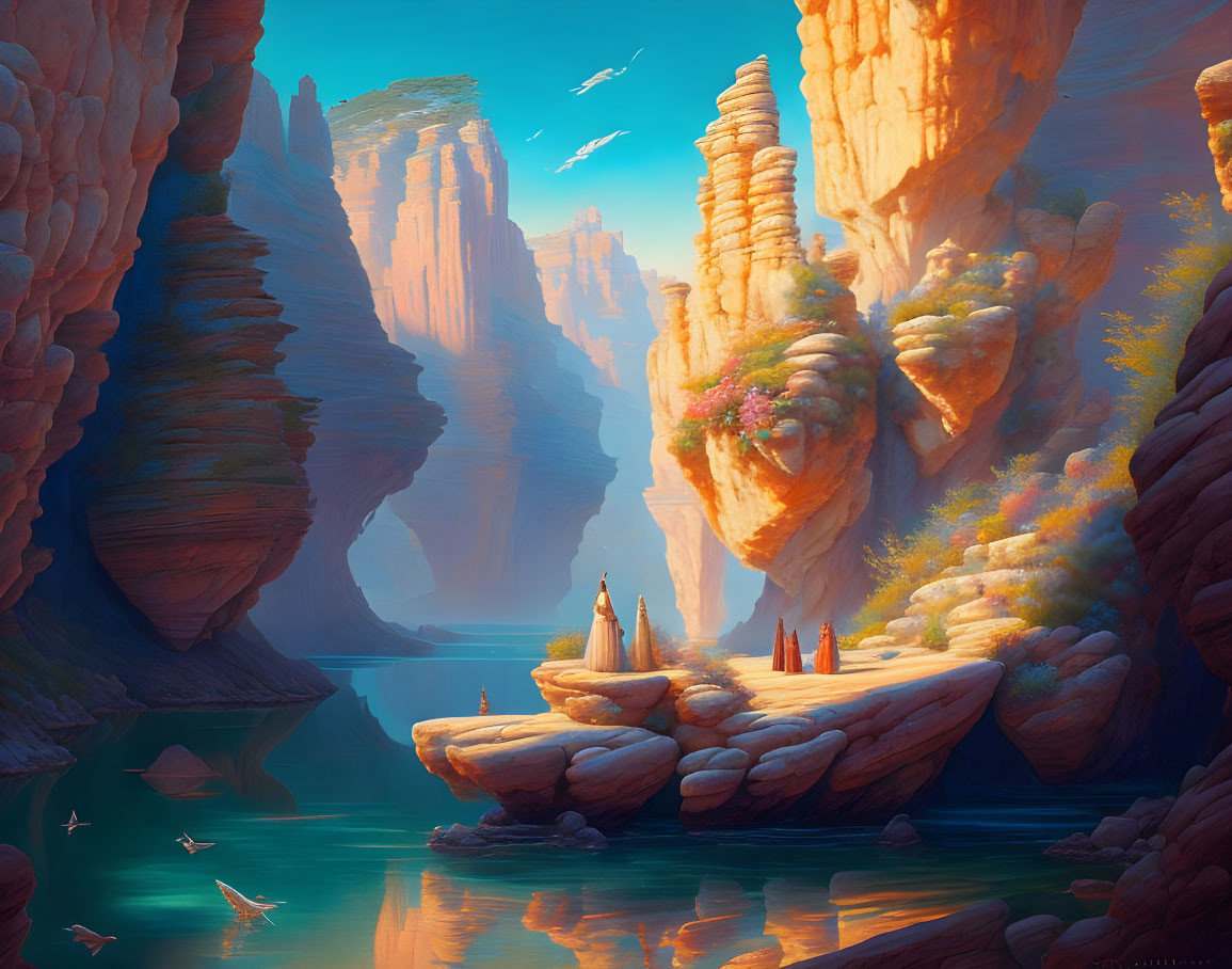 Tranquil canyon with towering rock formations and serene river