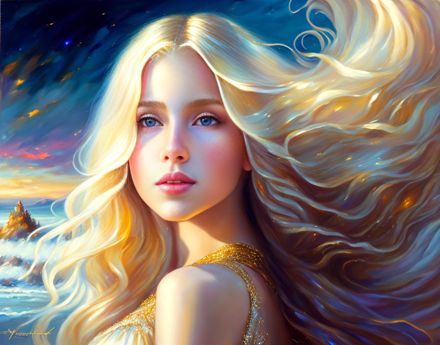 Digital Portrait: Woman with Golden Hair and Blue Eyes in Gold Dress by Night Sea