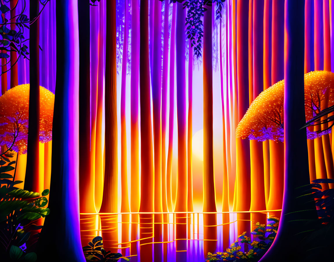 Neon-lit fantasy forest with glowing trees and radiant orange backdrop