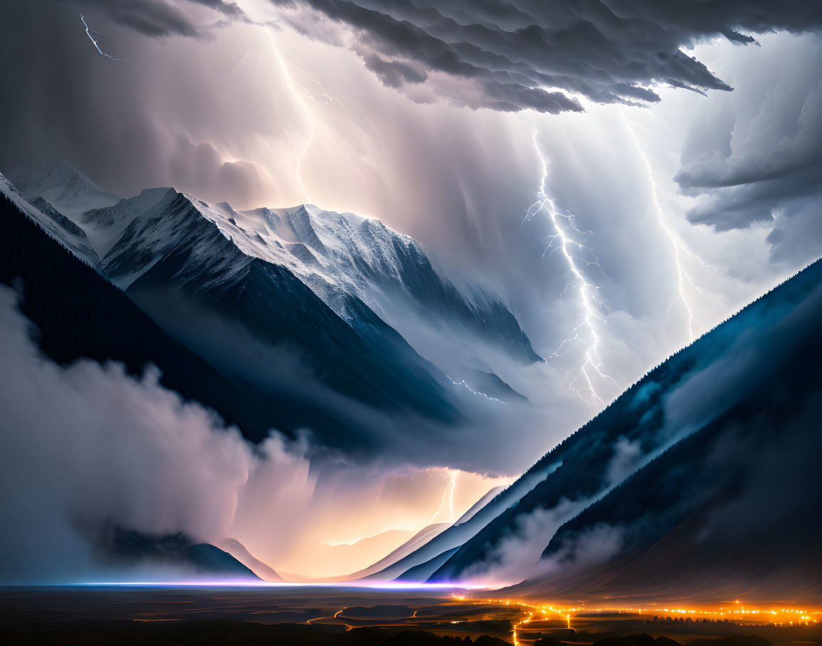 Thunderstorm with lightning bolts near mountain range and illuminated road