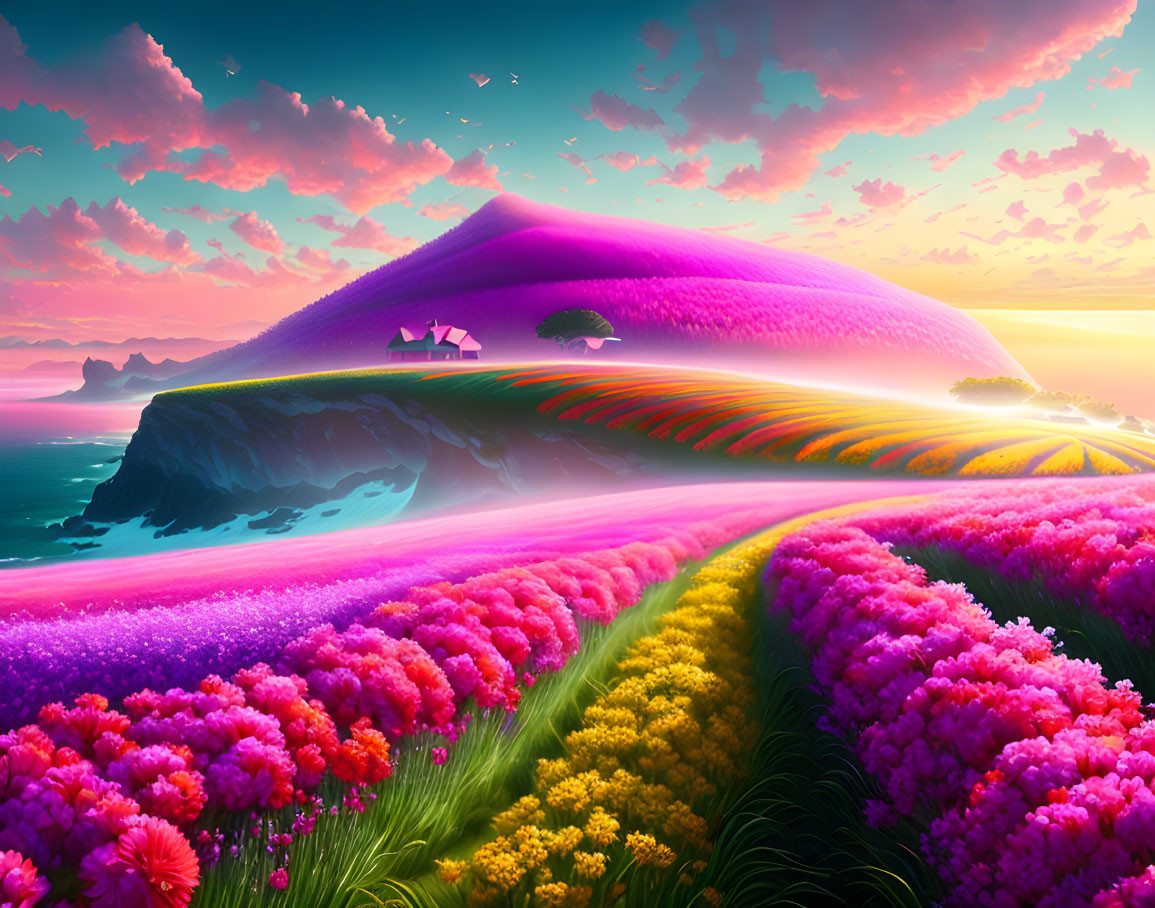 Colorful surreal landscape with undulating hill, sea cliff, diverse flowers, and vivid sunset.
