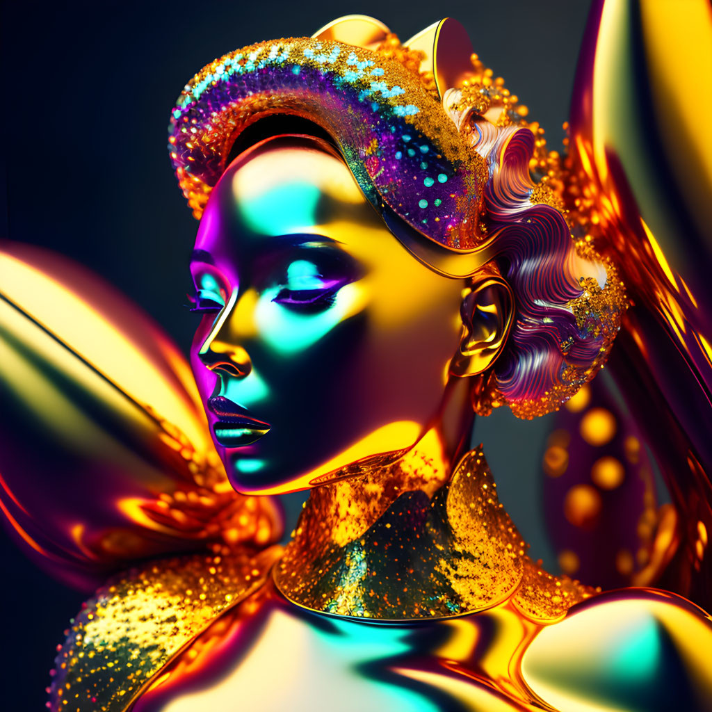 Vibrant digital art: stylized woman with gold and iridescent details