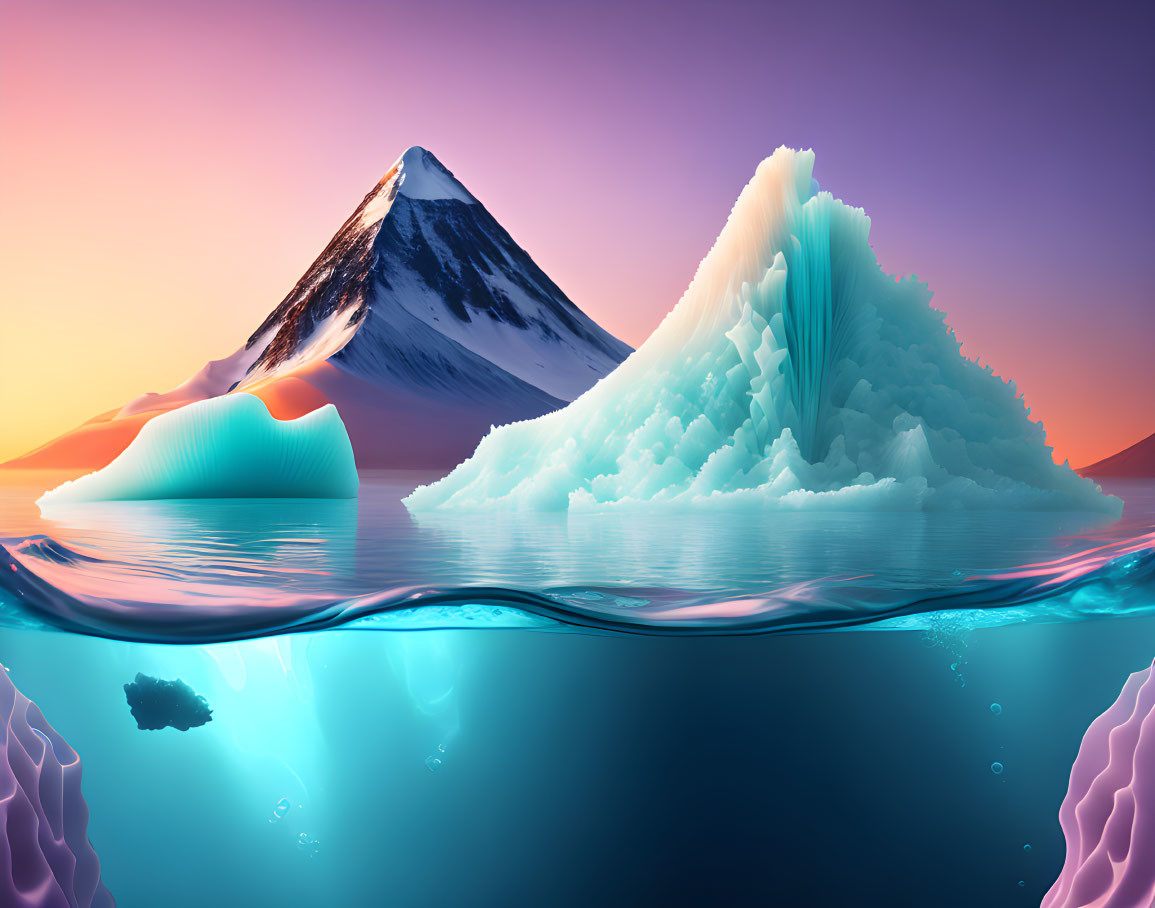 Scenic digital artwork of iceberg, mountain, and ocean under sunset sky